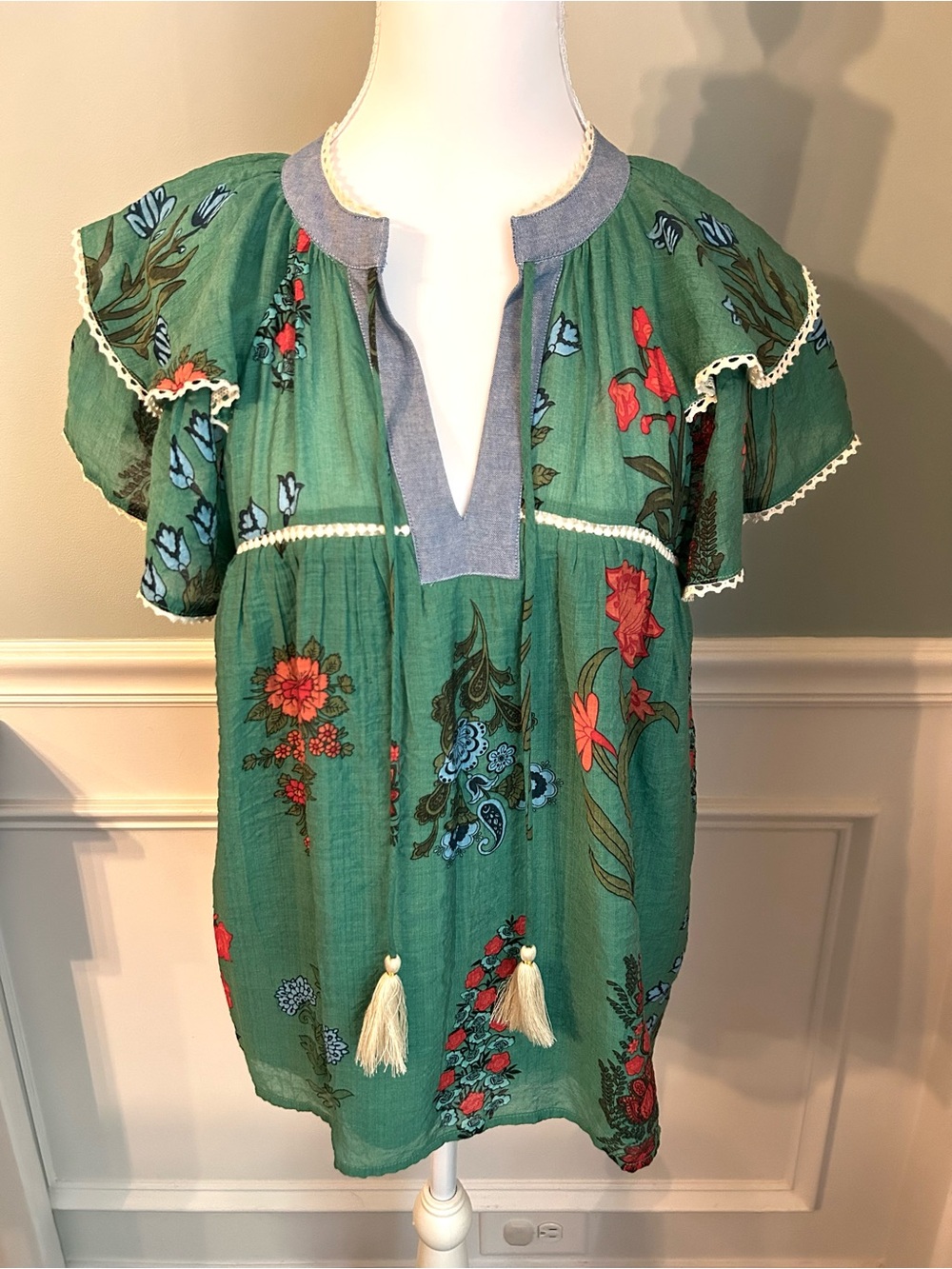 THML Clothing Green Floral Peasant Tunic Blouse with Ruffle Sleeves, Tassels L - Picture 2 of 16